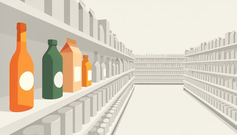 Shopping cart with craft beer cans and classic bottles in a grocery store aisle.