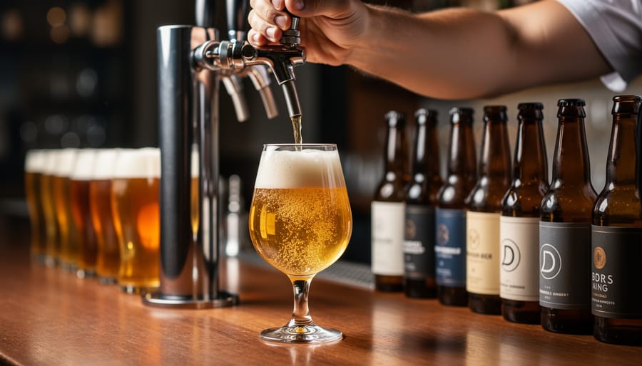 Brewer pouring craft beer into a glass with stainless steel brewery equipment in the background.