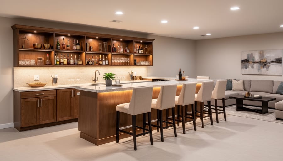 Finished basement bar in a home with a wood counter, bar stools, glassware display shelves, and visible craft beer storage.
