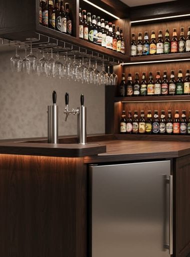 Finished basement home bar in a Kitchener house with a kegerator and taps, craft beer bottle display shelving, and organized glassware in warm lighting.