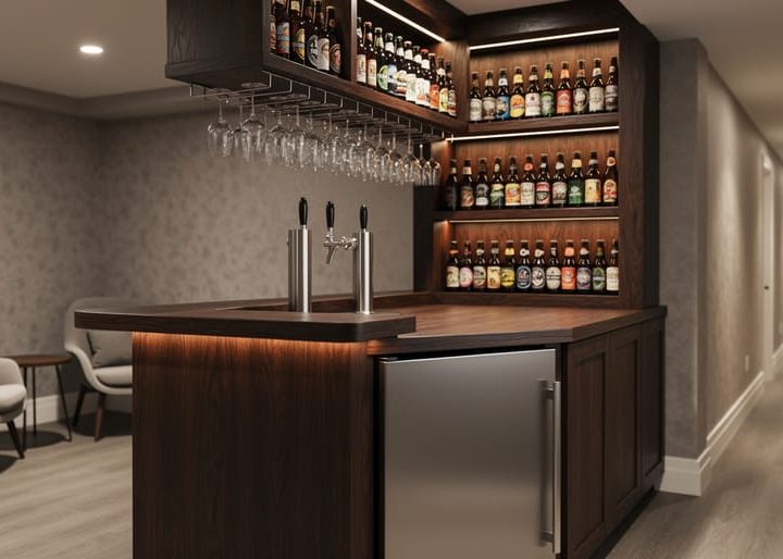 Finished basement home bar in a Kitchener house with a kegerator and taps, craft beer bottle display shelving, and organized glassware in warm lighting.