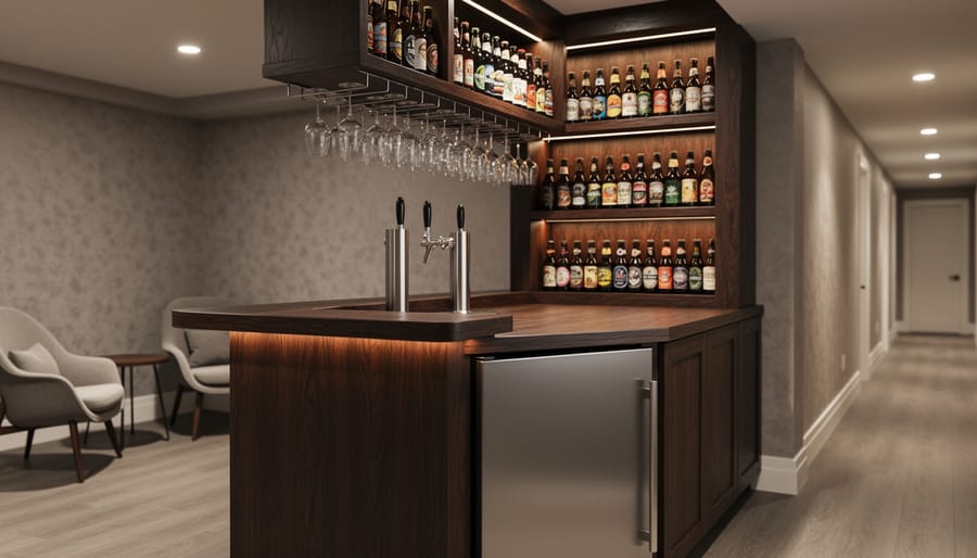 Finished basement home bar in a Kitchener house with a kegerator and taps, craft beer bottle display shelving, and organized glassware in warm lighting.