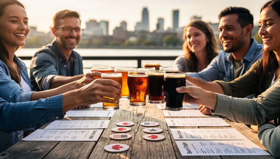 Beer bottles on a wooden tasting table with a blurred brewery taproom in the background.