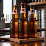 Canadian and American craft beer bottles with glass reflections on a wooden tasting paddle in a brewery bar scene.