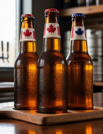 Canadian and American craft beer bottles with glass reflections on a wooden tasting paddle in a brewery bar scene.