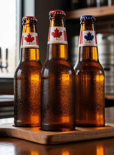 Canadian and American craft beer bottles with glass reflections on a wooden tasting paddle in a brewery bar scene.
