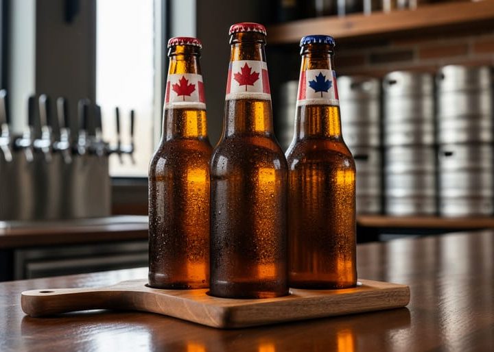 Canadian and American craft beer bottles with glass reflections on a wooden tasting paddle in a brewery bar scene.
