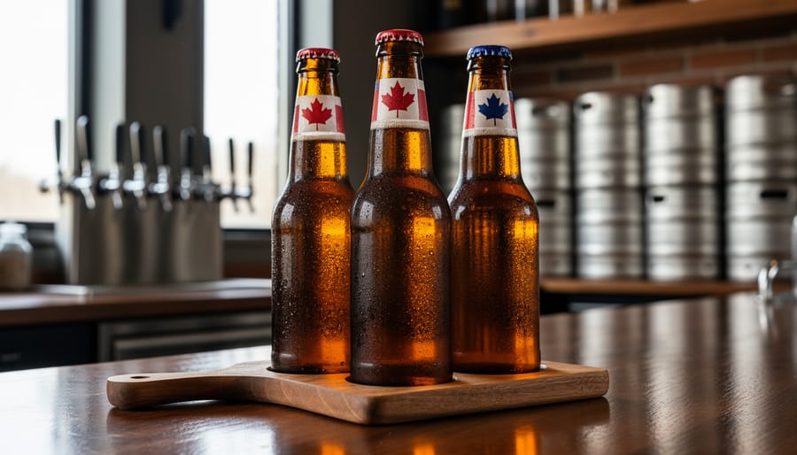 Canadian and American craft beer bottles with glass reflections on a wooden tasting paddle in a brewery bar scene.